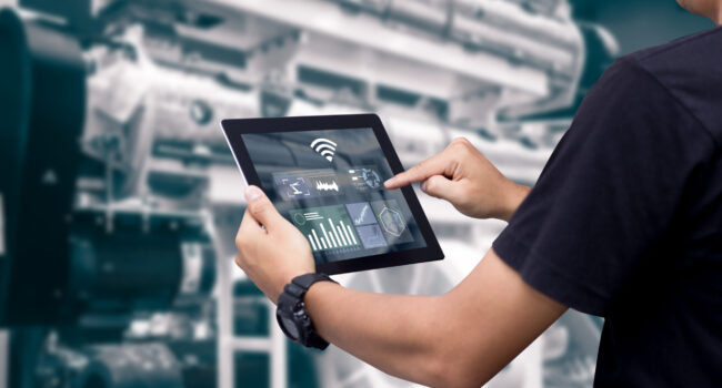 Smart,Industry,Control,Concept.hands,Holding,Tablet,On,Blurred,Automation,Machine